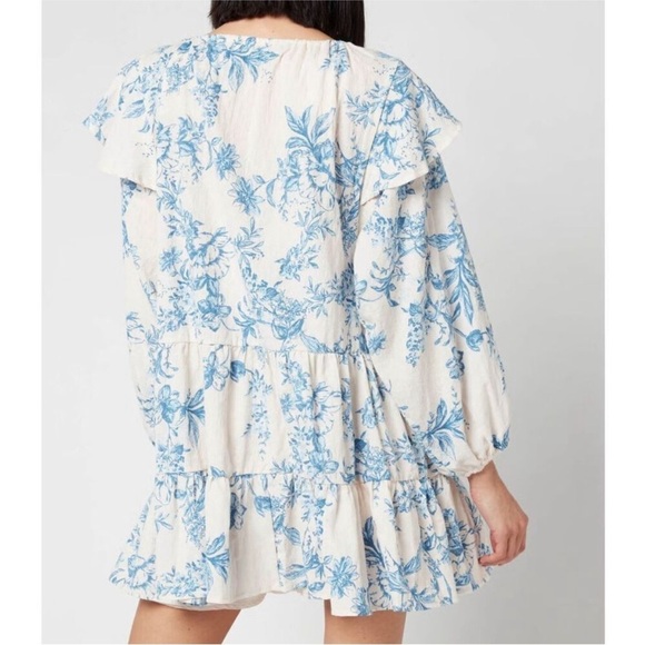 Free People Sunbaked Swing Mini Dress  Tea Combo Floral Tie Neck Ruffled size S - Picture 2 of 9